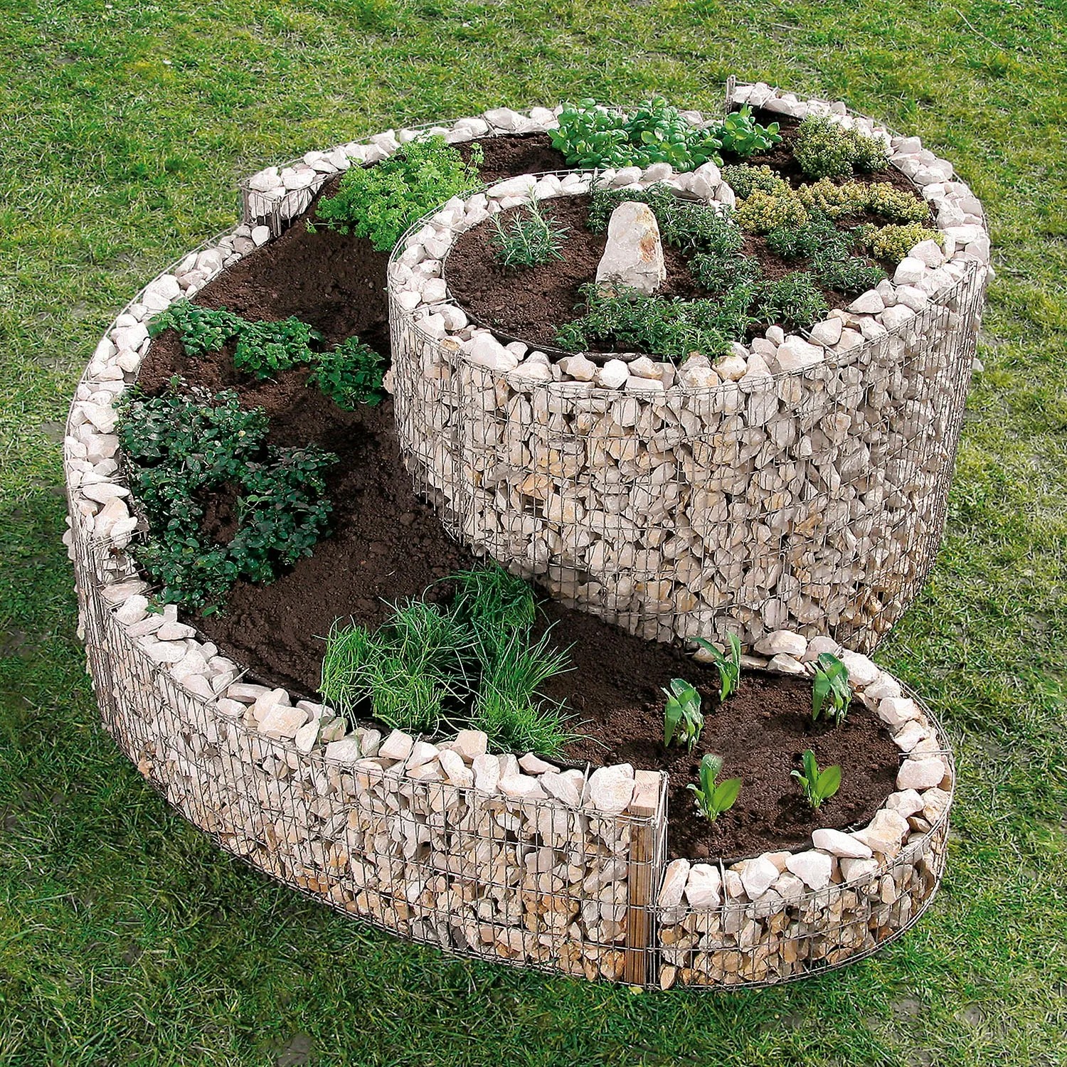 Bellissa Gabionen-Kräuterspirale Groß, befüllt mit Steinen und Kräutern im Garten.