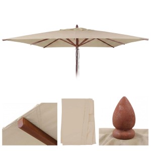Cremefarbener, eckiger 3x3m Polyester Sonnenschirm-Ersatzbezug für Gastronomie. Zeigt Bezug montiert und gefaltet.
