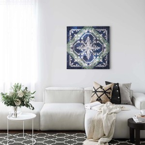 Marokkanisches Leinwandbild im Vintage-Stil in Dunkelblau und Grau als Wanddekoration.