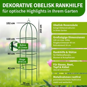 TTL GARDEN Obelisk Rankhilfe L 165 x 40 cm Metall Pulverbeschichtet Rankgitter Rosensäule Kletterhilfe für Rosen Clematis