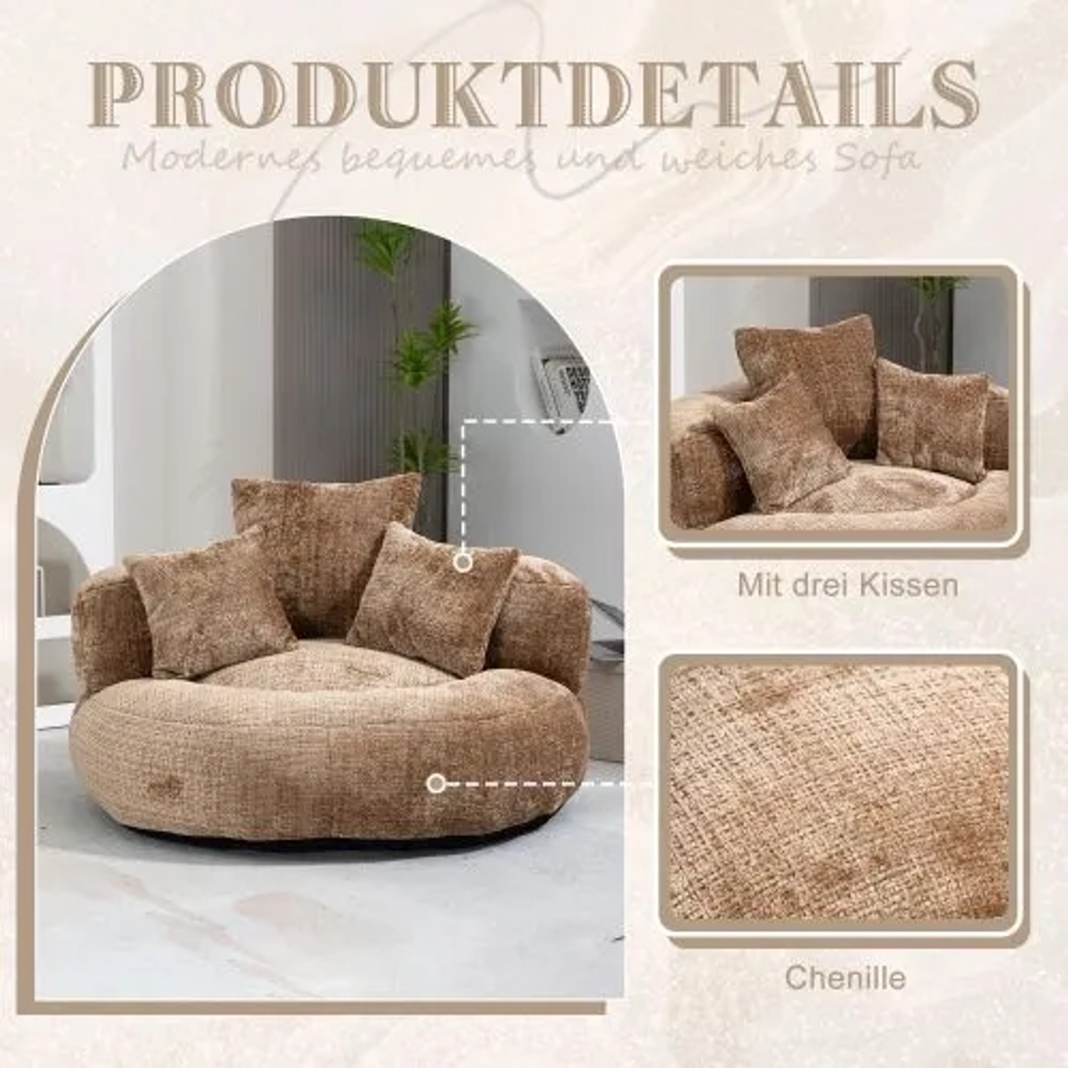 Brauner PXloue Chenille Sitzsack Stuhl mit 3 Kissen. Weiches Sofa für Erwachsene & Kinder, ideal für Wohnzimmer & Gaming.