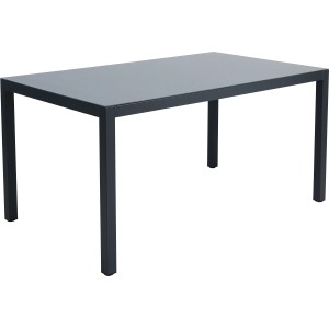 Esstisch Kulina mit anthrazitfarbenem Stahlgestell und dunkler Glasplatte, Teil der 7-teiligen Essgruppe.