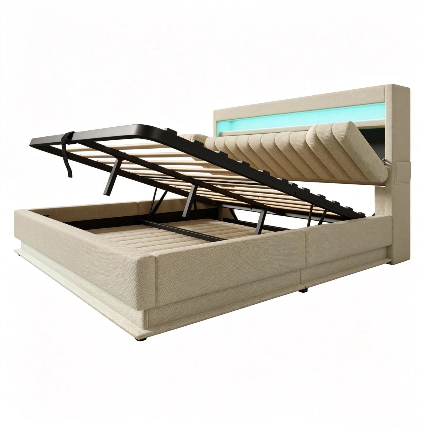okwish Polsterbett 140x200cm mit LED Stauraum Einzelbett Beige ohne Matratze
