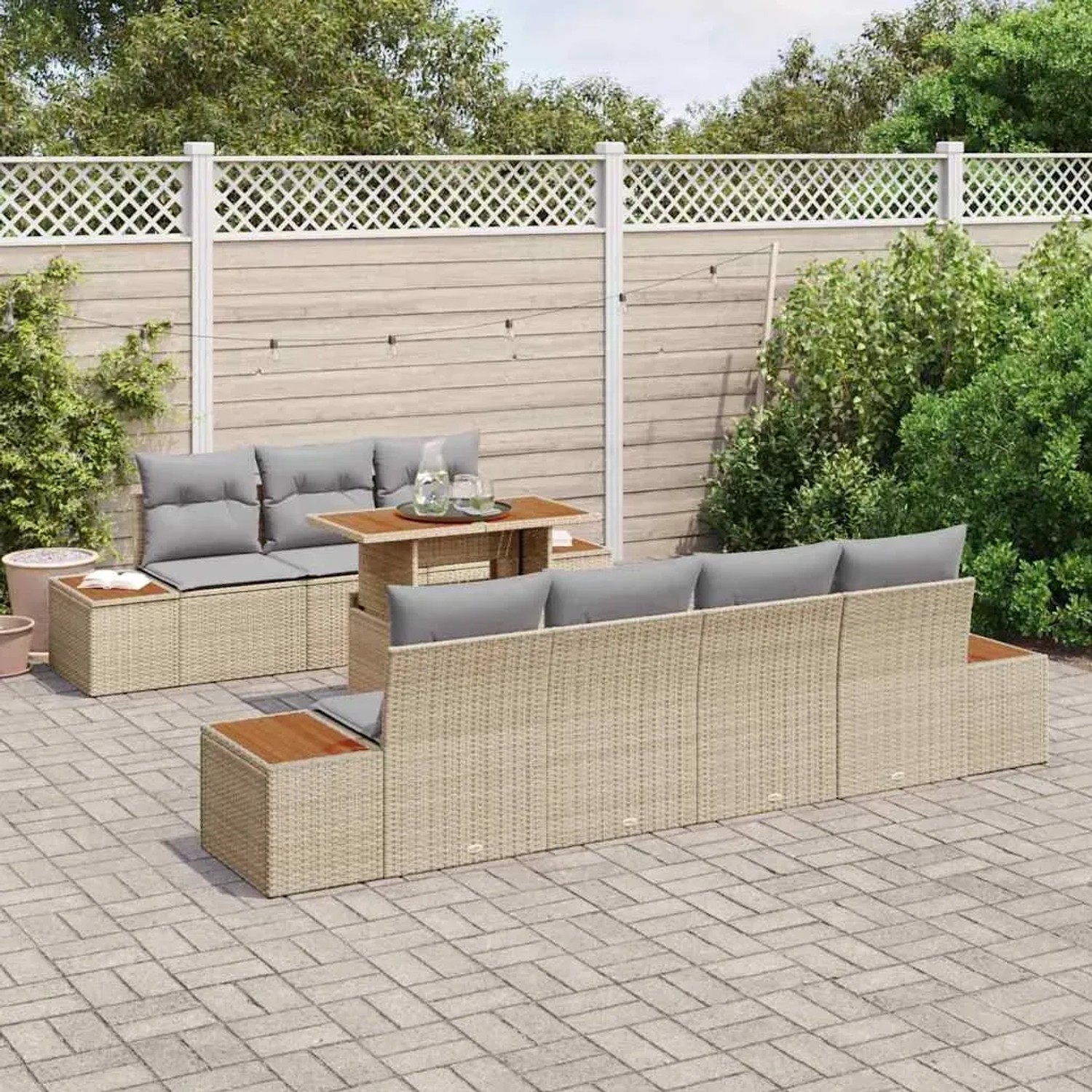 Beiges vidaXL Garten-Sofa-Set aus Poly Rattan mit Stauraum, 8-teilig.