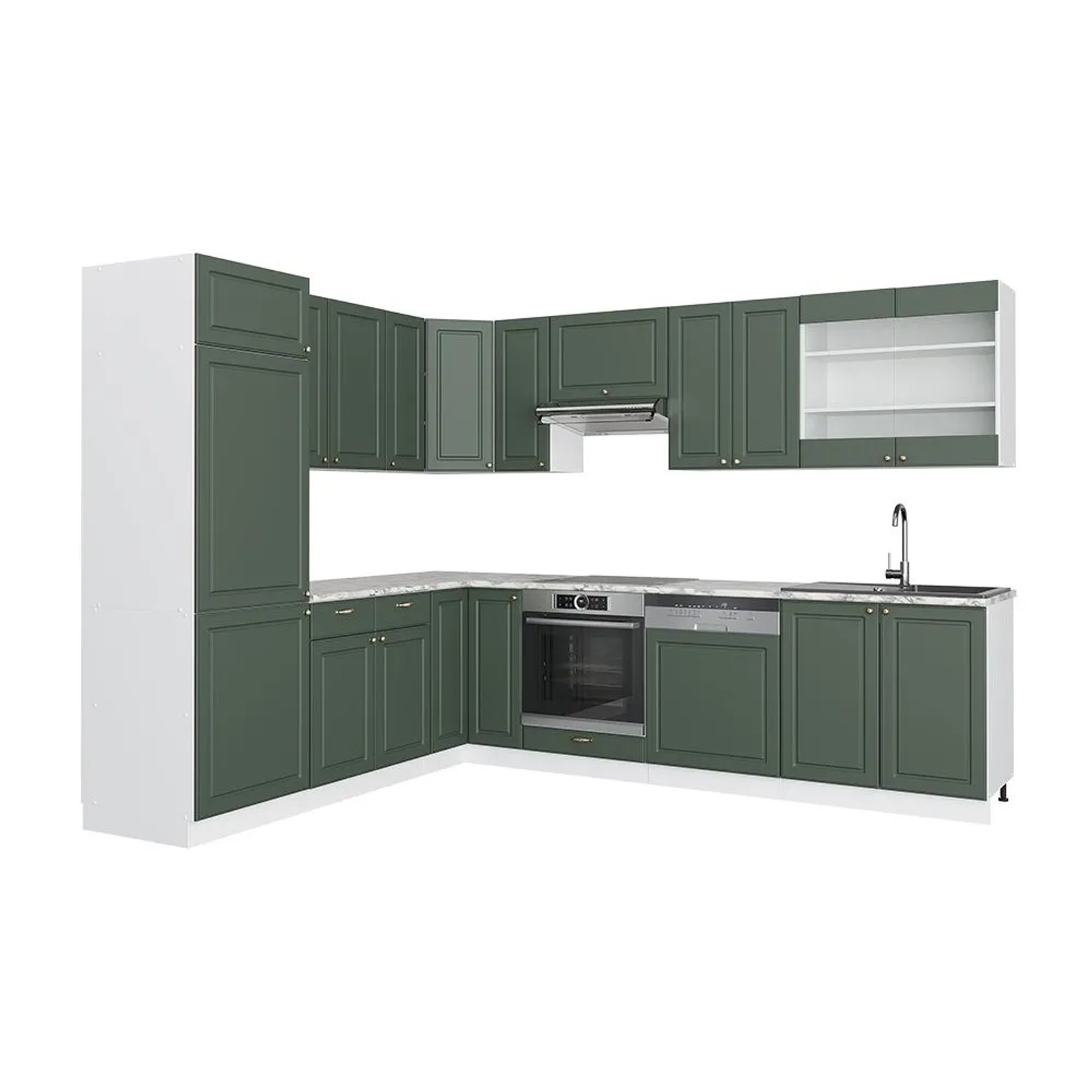 Vicco Eckküche Fame-Line Grün-Gold Landhaus/Weiß 287 x 82 ohne Arbeitsplatte