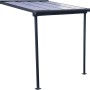 Graues Palram Terrassendach Sierra, 230x230 cm, mit Doppelstegplatten und Aluminiumkonstruktion.