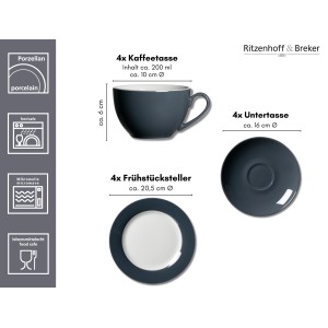 Ritzenhoff & Breker Doppio Kaffeeservice, 12-teilig, anthrazit, bestehend aus Tassen, Untertassen und Desserttellern.