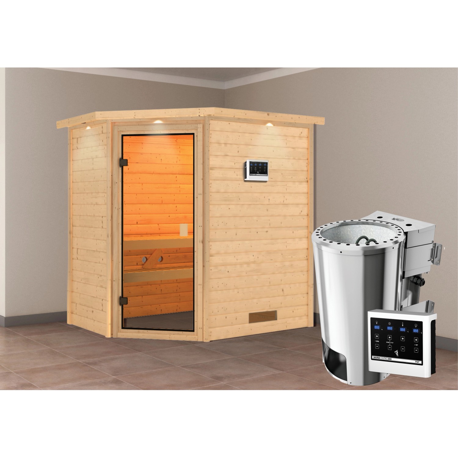 Karibu Sauna Jella mit Bio-Ofen externe Stg.LED-Dachkranz Natur