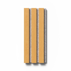 Akustikpaneel Muster Eiche Natur: Wandpaneel mit Holzleisten auf grauem Filz.
