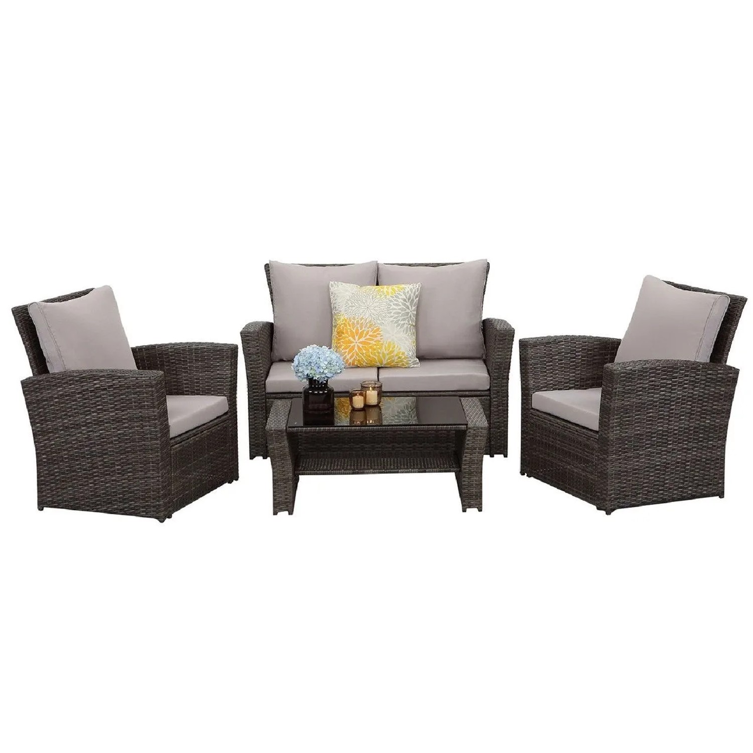 MeXo Poly Rattan Balkonmöbel Set für 4 Personen Grau