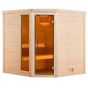 Weka Massivholzsauna Turku 1 Sparset mit Glastür und Fenster aus Fichtenholz.