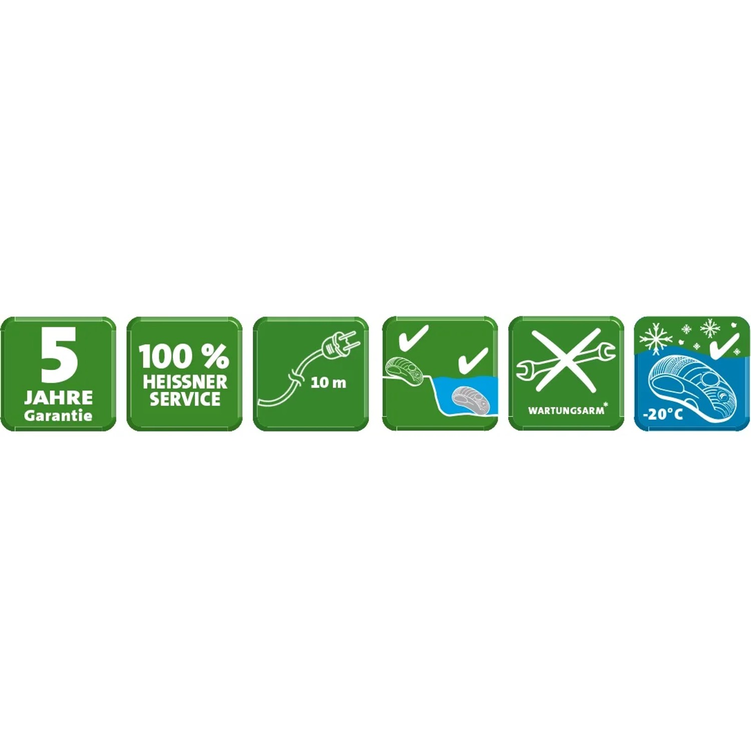 Icons der Heissner Aqua Craft Smart 10000 Teichpumpe: Garantie, Service, Kabellänge, Wartung, Frostschutz.
