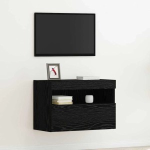 Wand-TV-Schrank in Schwarz Eichen-Optik mit Regal und Tür, montiert unter einem Fernseher.