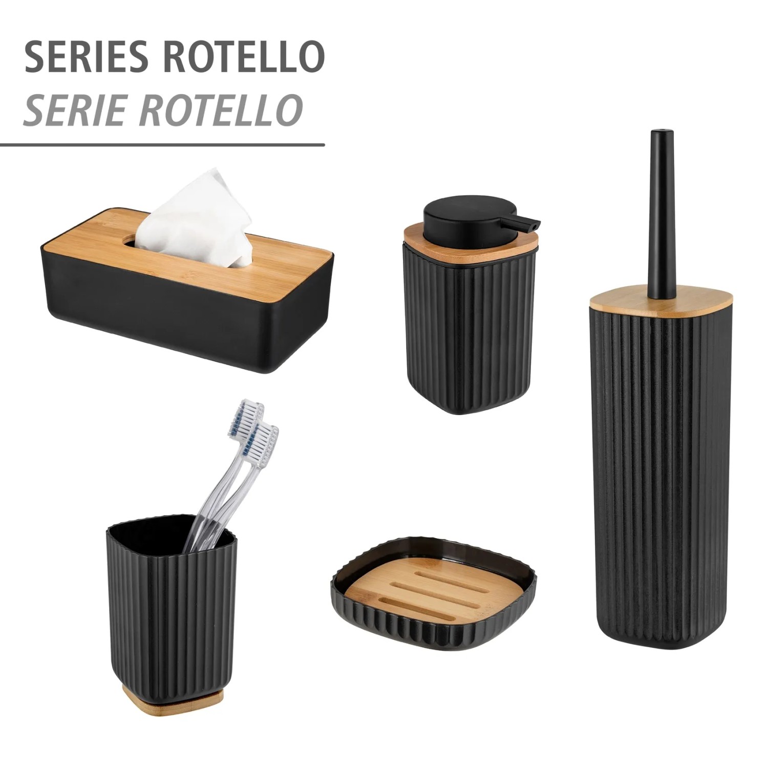 WENKO Rotello Bad-Accessoires Set in Schwarz mit Bambus: Zahnputzbecher, Seifenspender, WC-Garnitur, Seifenablage, Kosmetiktuchbox.