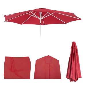 Roter Sonnenschirm Ersatz-Bezug Ø 3m, offen auf Gestell, gefaltet und gerollt. UV 50 Schutz.