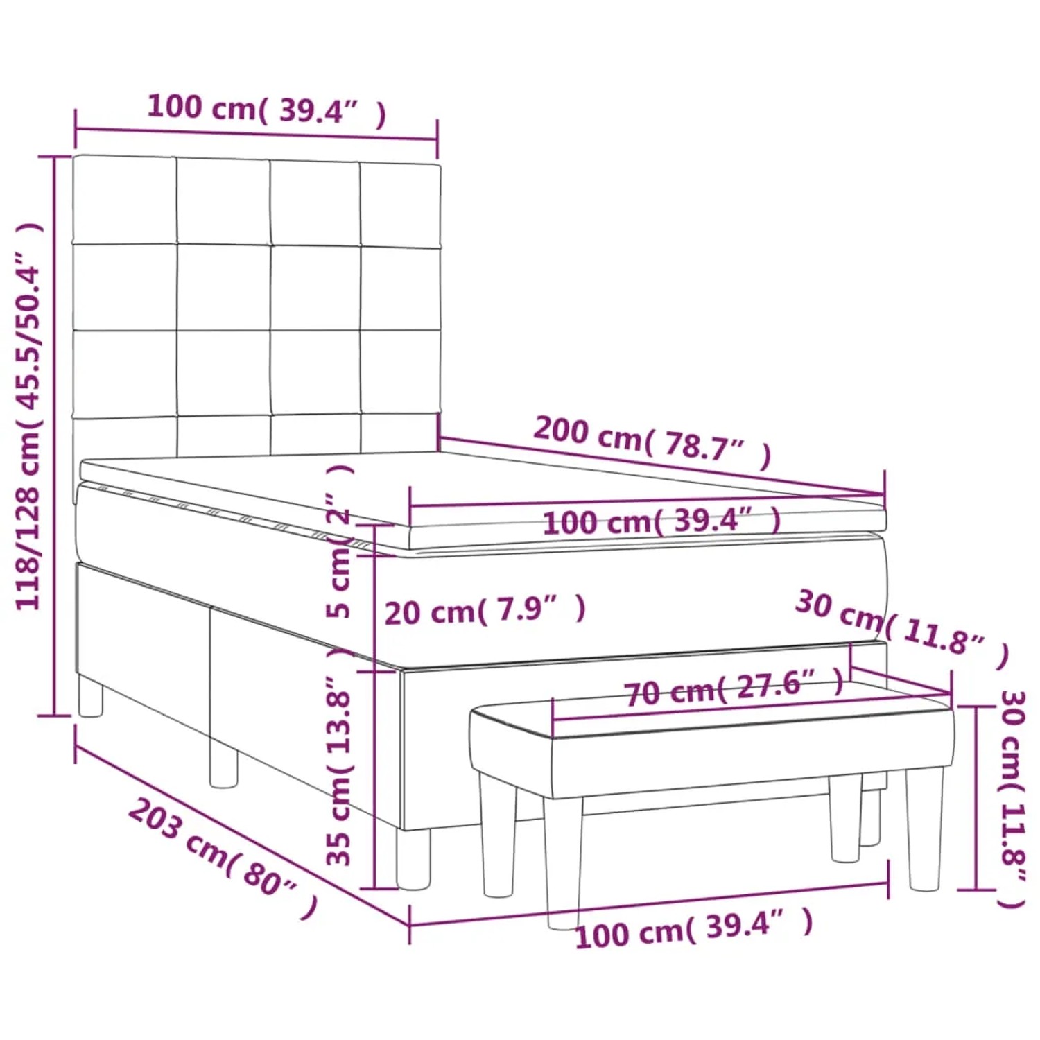 Blaues Boxspringbett 100x200 cm mit Matratze und Bank, Maße dargestellt.