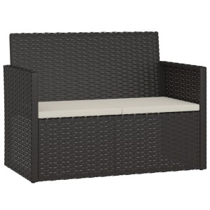 Schwarze VidaXL Gartenbank aus Poly Rattan mit cremefarbenen Kissen, 105 cm breit.