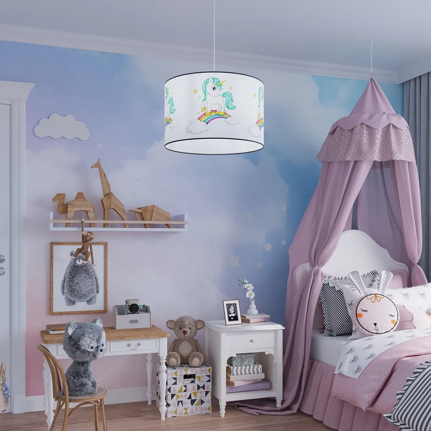 Sollux Lighting Hängeleuchte Unicorn 30 im Kinderzimmer mit Einhornmotiv und Regenbogen.