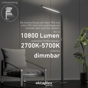 Schwarze, dimmbare LED Stehleuchte Alva von Oktaplex mit Sensor, 10800 Lumen, Farbtemperatur 2700K-5700K.