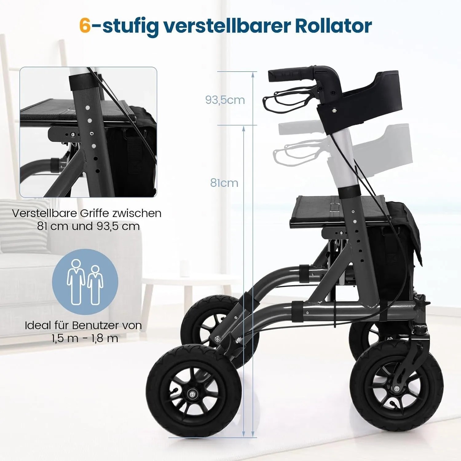 Costway Rollator, faltbar, mit Luftbereifung und Sitz, schwarz. Höhenverstellbare Griffe.