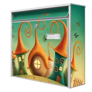 Weißer Banjado Briefkasten mit Zwergenhausen-Motiv, inkl. Montagematerial und Schlüsseln.