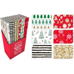 Buntes Geschenkpapier mit Weihnachtsmotiven, 6-fach sortiert im Spender.