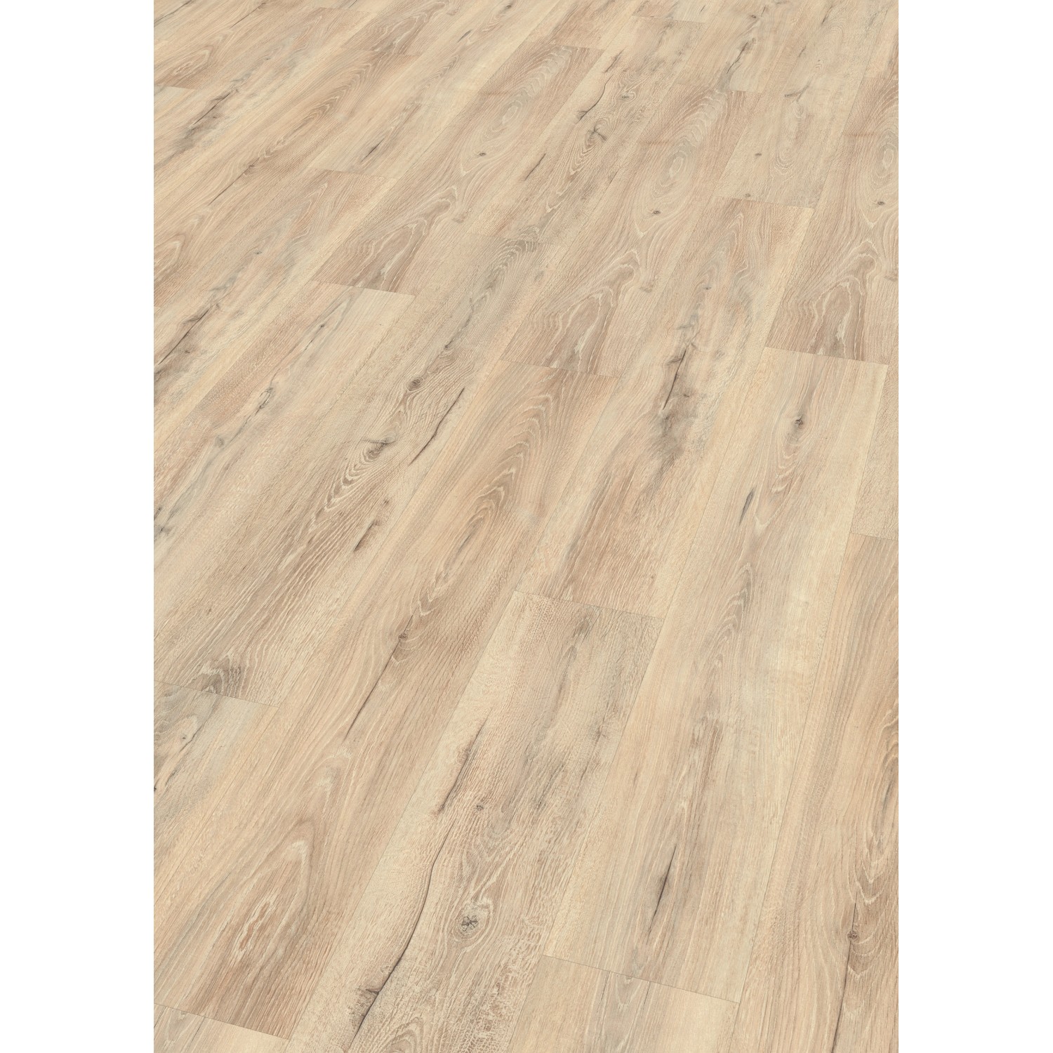 Egger Hybridboden Aquadura Panora Eiche Beige, wasserfest, im Landhausdielen-Format verlegt.