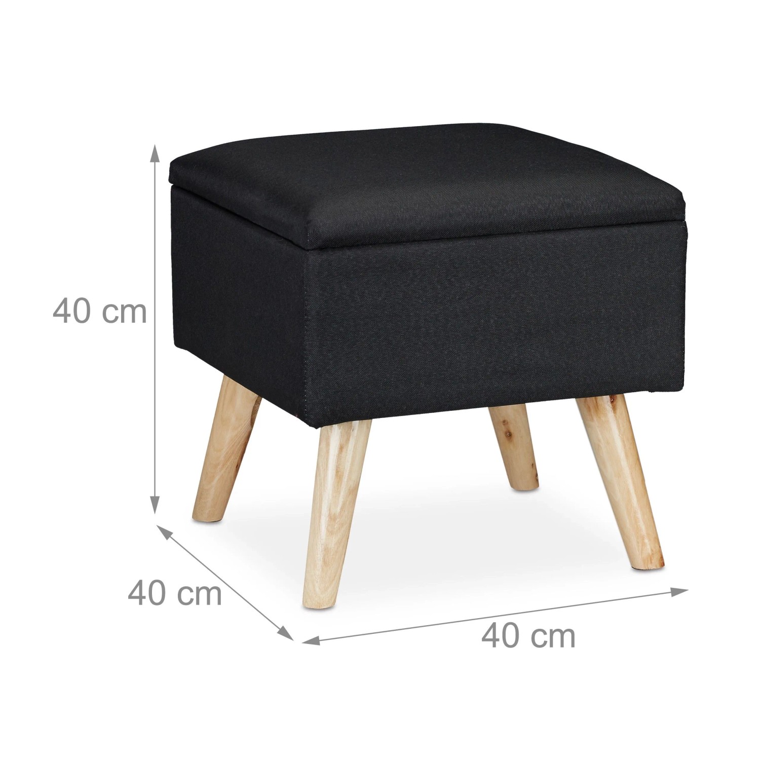 Schwarzer Relaxdays Hocker mit Stauraum, Kunstleinen, Holzbeine, 40x40x40 cm.
