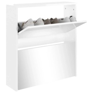 Hochglanz-weißer Schuhschrank mit Spiegel, 2 Klappfächern und Schuhen. Moderne Schuhkommode für den Flur.