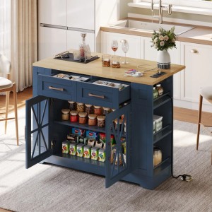 Blaue Kücheninsel mit erweiterbarer Holzplatte, Schubladen, Schränken, offenen Regalen und USB-Anschluss. Modern.