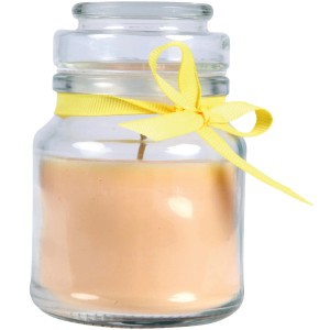 Duftkerze Vanille im Glas (Ø7cm) mit gelber Schleife. Dekorative Kerze für entspannte Atmosphäre.