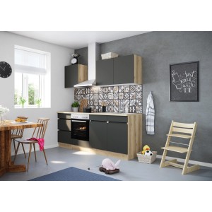 Optifit Küchenzeile Noah420 in Anthrazit/Wildeiche mit E-Geräten, 210 cm breit.