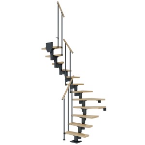 Dolle Mittelholmtreppe Dublin, Ahorn/Perlgrau, 1/2 gewendelt, mit Metallgeländer und Holzhandlauf.
