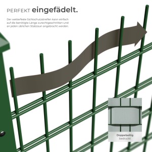 Hellgrauer Tectake Sichtschutzstreifen für Stabmattenzaun, eingefädelt in grünen Zaun.