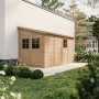 Timbela Anbau-Gartenhaus aus Holz (8 m²) mit Seitenwand und Boden, naturbelassen.