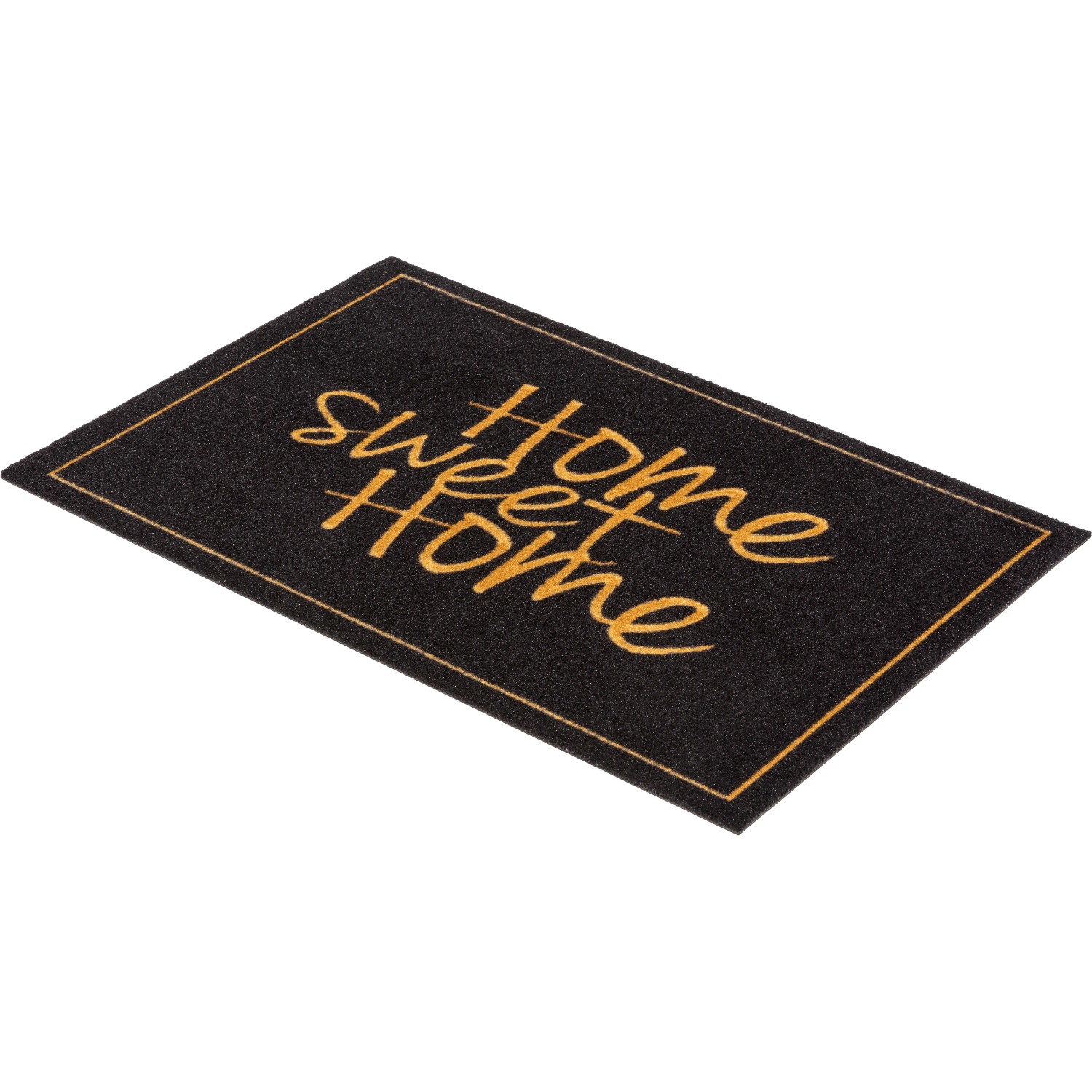 Schwarze Astra Sauberlaufmatte „Home sweet Home“ (40x60 cm) mit goldener Schrift und Rand.