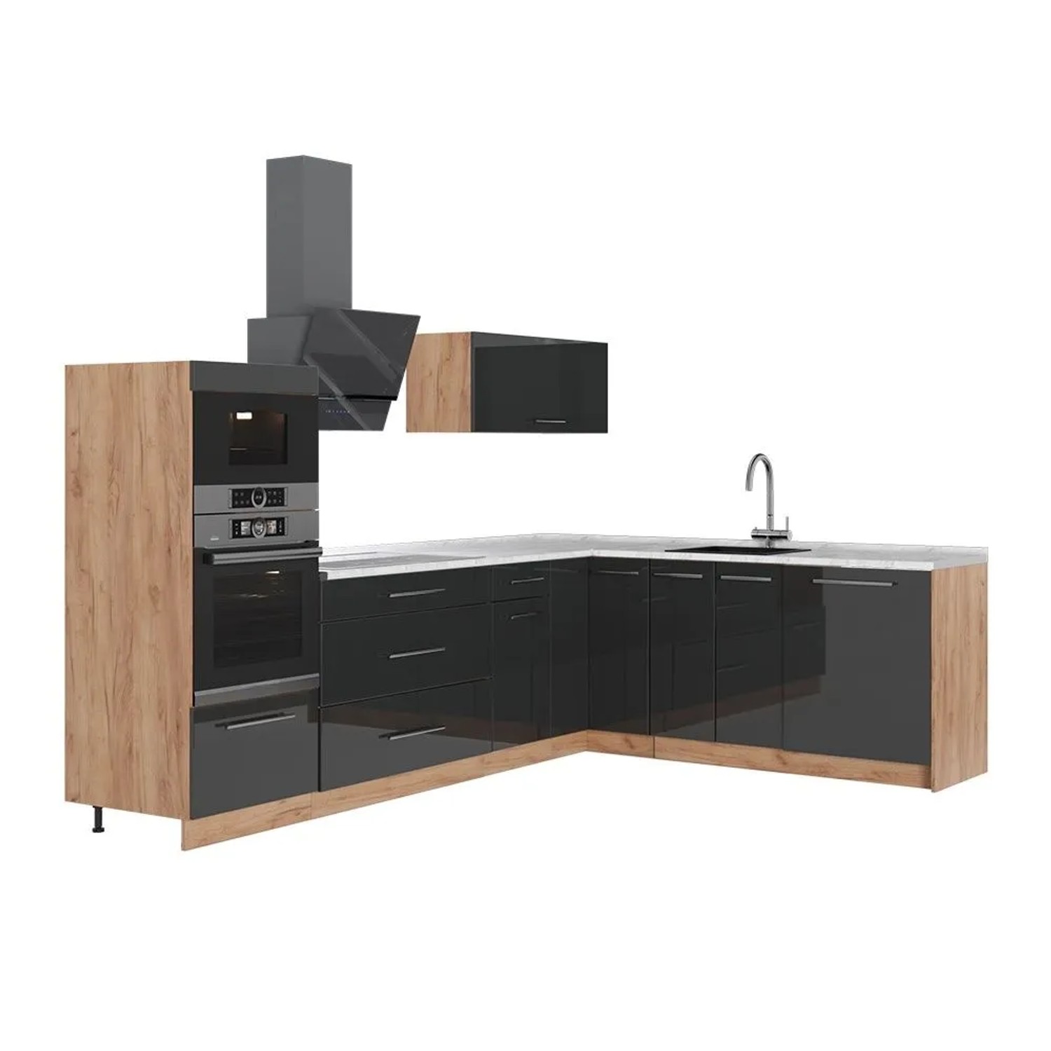 Vicco Eckküche Fame-Line Anthrazit Hochglanz/Goldkraft Eiche 287 x 154 AP Marmor Art Nr 63495