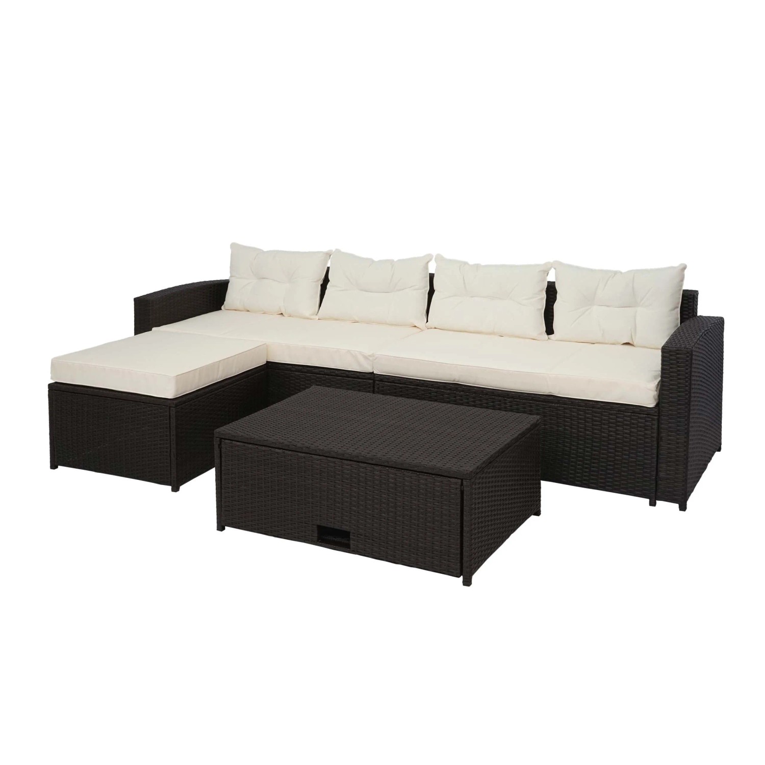 PROREGAL Poly-Rattan-Garnitur Balkon-/Garten-/Lounge-Set Sitzgruppe Sofa Staufach Braun Kissen Creme-Beige