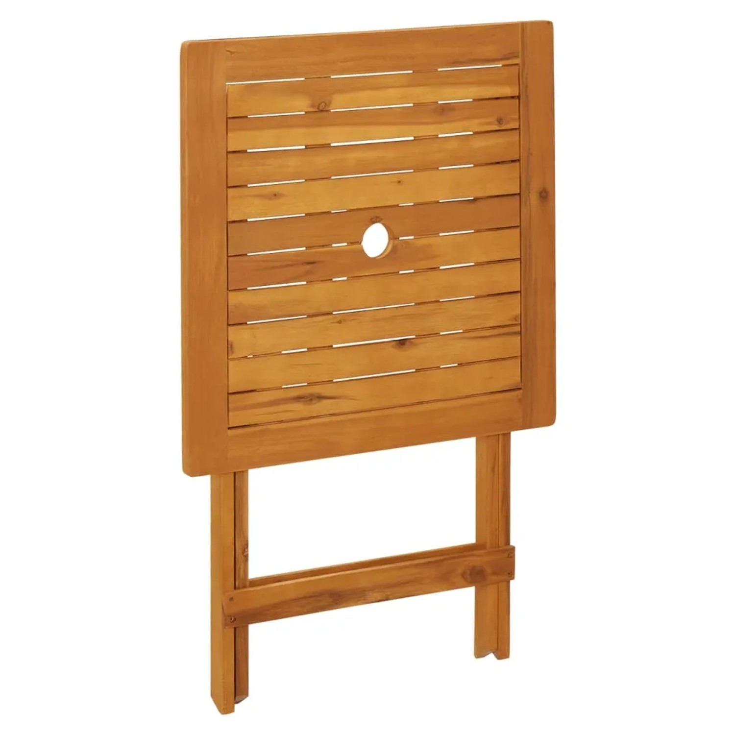 Zusammengeklappter Gartentisch aus Akazienholz, Teil des vidaXL Bistro-Sets.