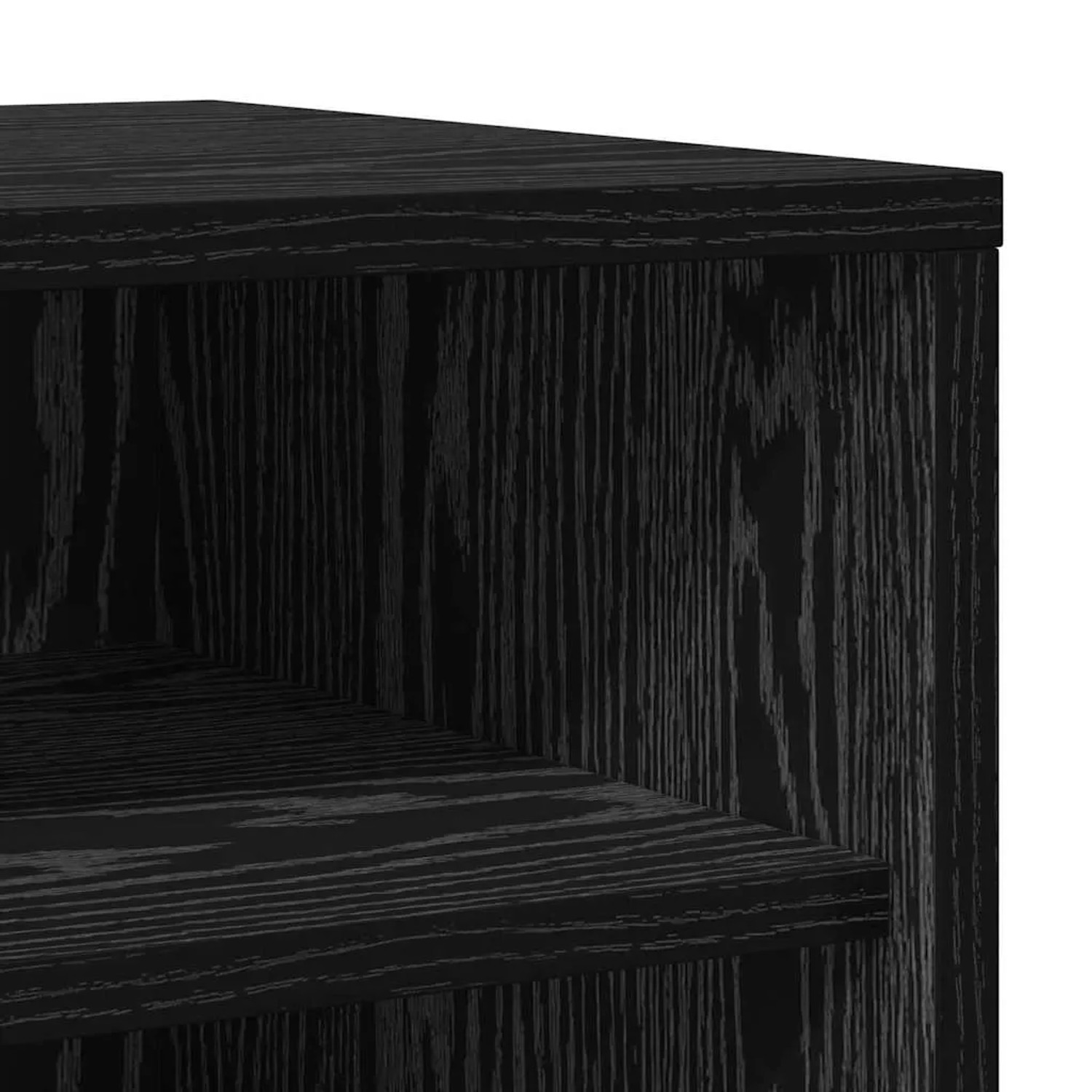 Detailaufnahme: Schwarzer vidaXL Schuhschrank aus Holzwerkstoff mit Regalböden.