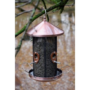 XXL Futterspender aus Metall mit Gitterröhre, aufgehängt an einem Ast. Vogelhaus für Wildvögel.