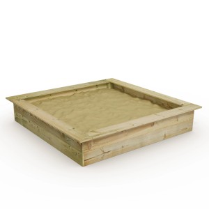 Quadratischer WICKEY Sandkasten King Kong 165x165 cm aus Holz, gefüllt mit Sand.