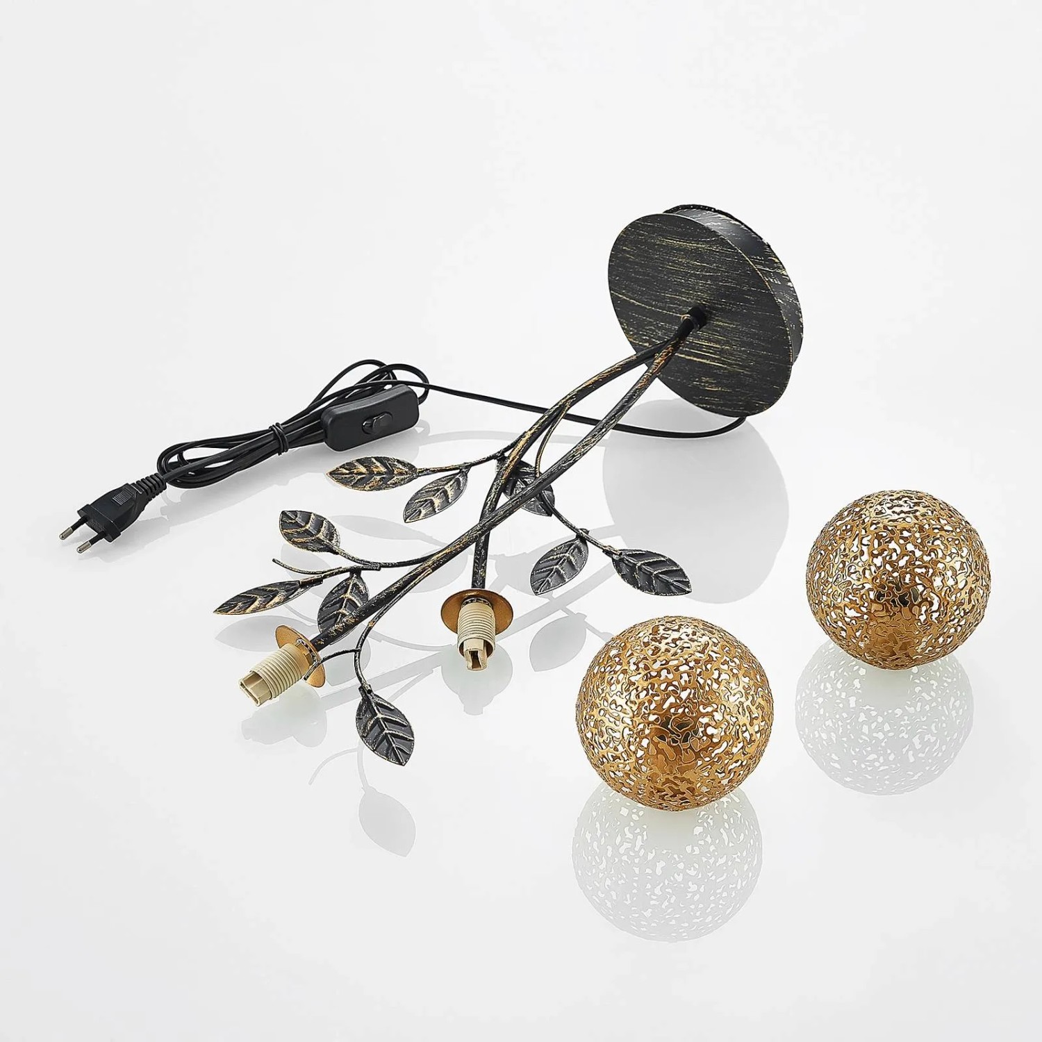Lucande Evory Tischlampe, schwarz, 2-flammig, Metall, Florentiner Design für Wohnzimmer.