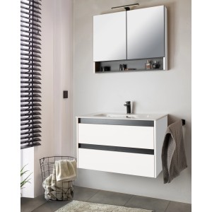 Weißes Badmöbel-Set Cleo 2.0 (80 cm) mit LED-Spiegelschrank und Waschtisch mit Unterschrank.