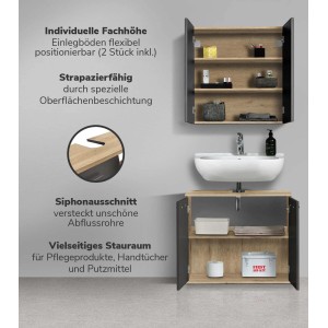 mokebo Badmöbel-Set „Der Steuermann“ in Eiche-Schwarz mit Waschbecken und Stauraum.