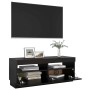 Schwarzer TV-Schrank mit LED-Beleuchtung, 100x35x40 cm, Teil einer Wohnwand.