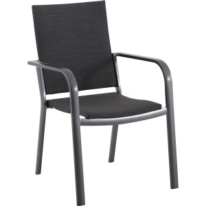 Schwarzer Stapelstuhl Pacora mit Textilbespannung und Armlehnen für den Garten.