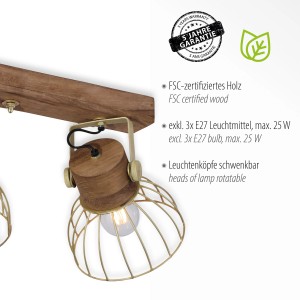 Just Light Spot Alami, dreiflammig, Messing matt/Holz, für E27 Leuchtmittel, dreh- und schwenkbar.