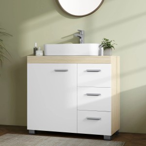 Songmics Waschbeckenunterschrank, weiß-beige, mit Schubladen und Tür für Badutensilien.