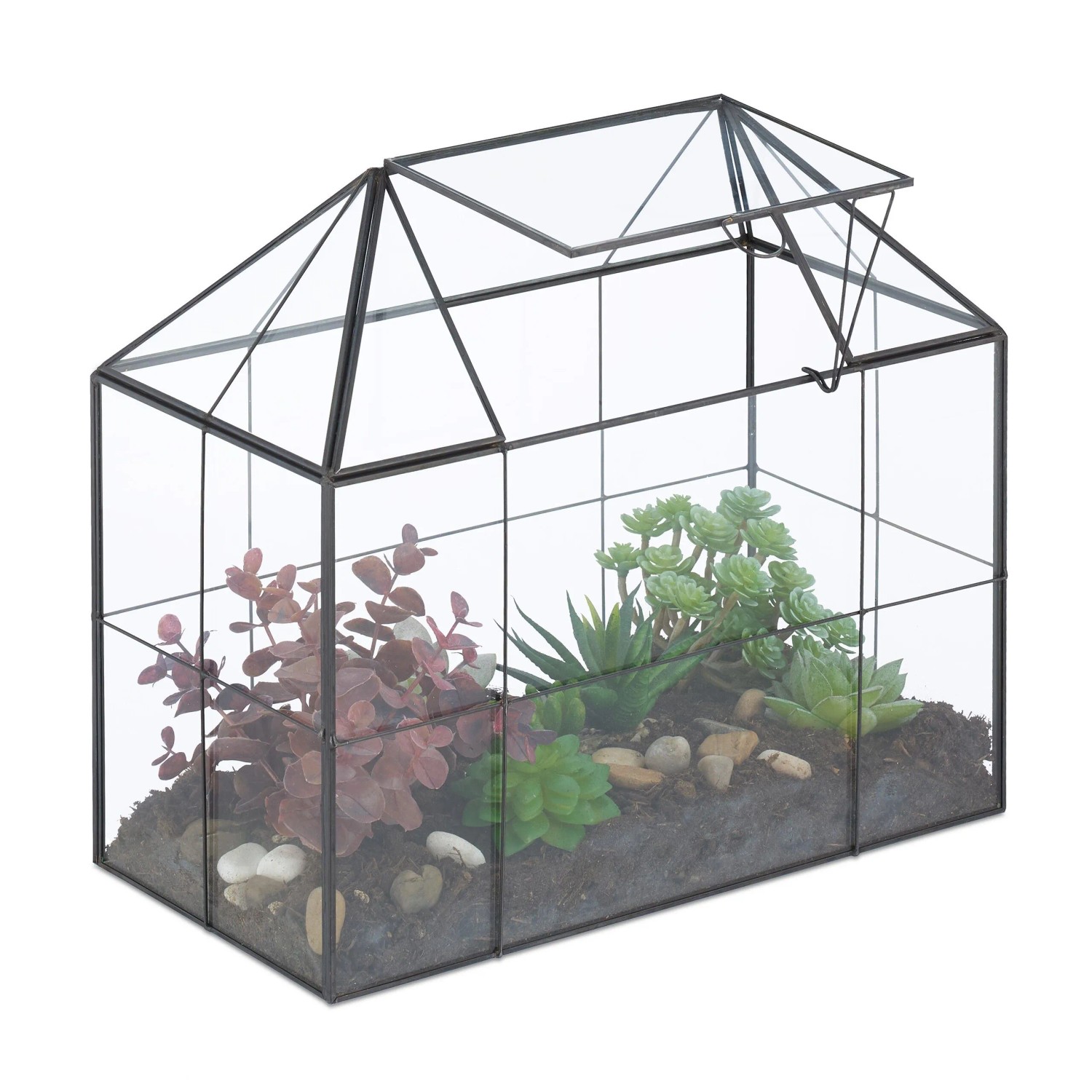 Relaxdays Pflanzenterrarium Glas Schwarz Mit Dachfenster 27 x 30 x 15 cm 1,9 kg